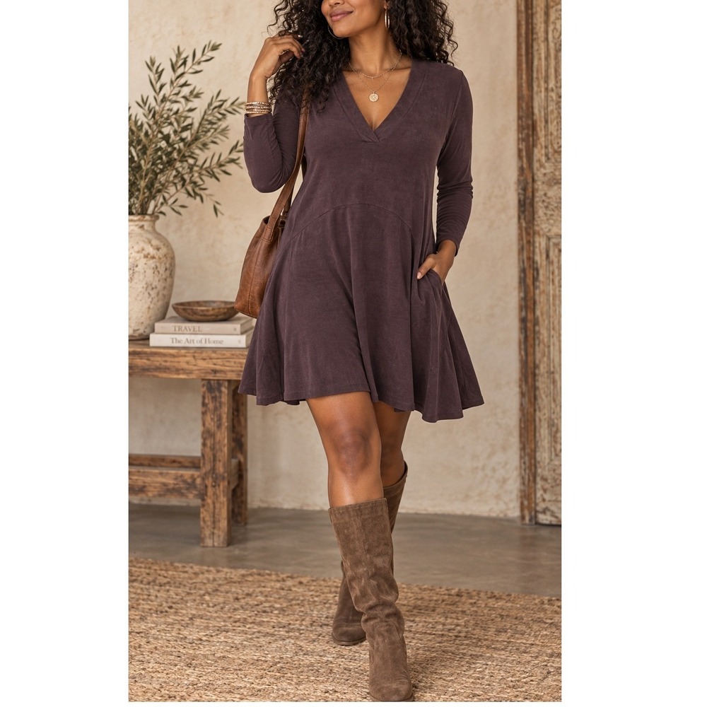 Dolan Left Coast Collection Cupro V Neck Long Sleeve Dress Purple Medium